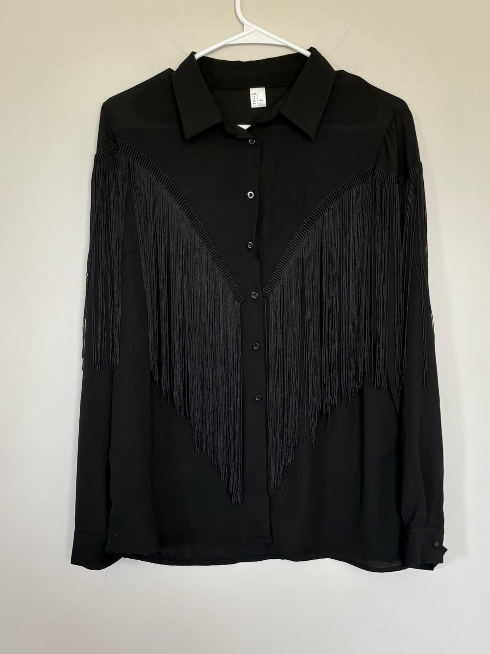 Black Button Down Long Sleeve Shirt Western Fringe Accent V-Yoke Size Large L